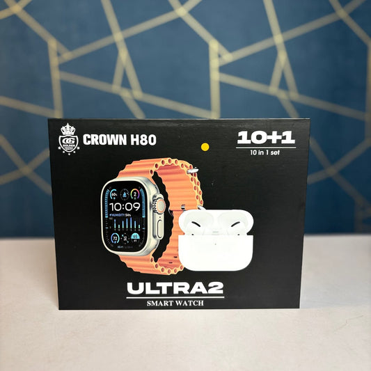CROWN H80 Ultra2 Smart Watch + White Wireless Earbuds | 10+1 Smart Bundle