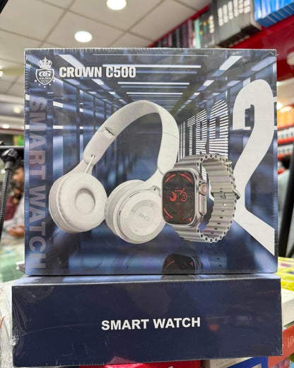 Crown C500 Smart Watch + Wireless Headphones | Bluetooth Calling & Fitness Bundle