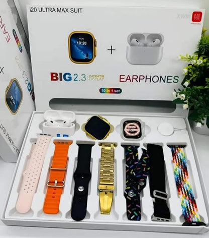i20 Ultra Max SUIT 10-in-1 Smartwatch Combo with TWS Earbuds & Straps