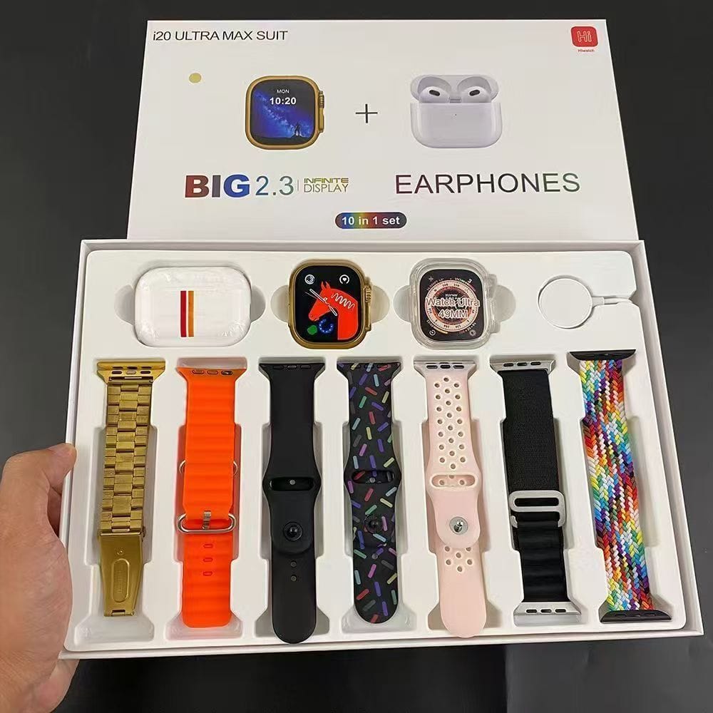 i20 Ultra Max SUIT 10-in-1 Smartwatch Combo with TWS Earbuds & Straps