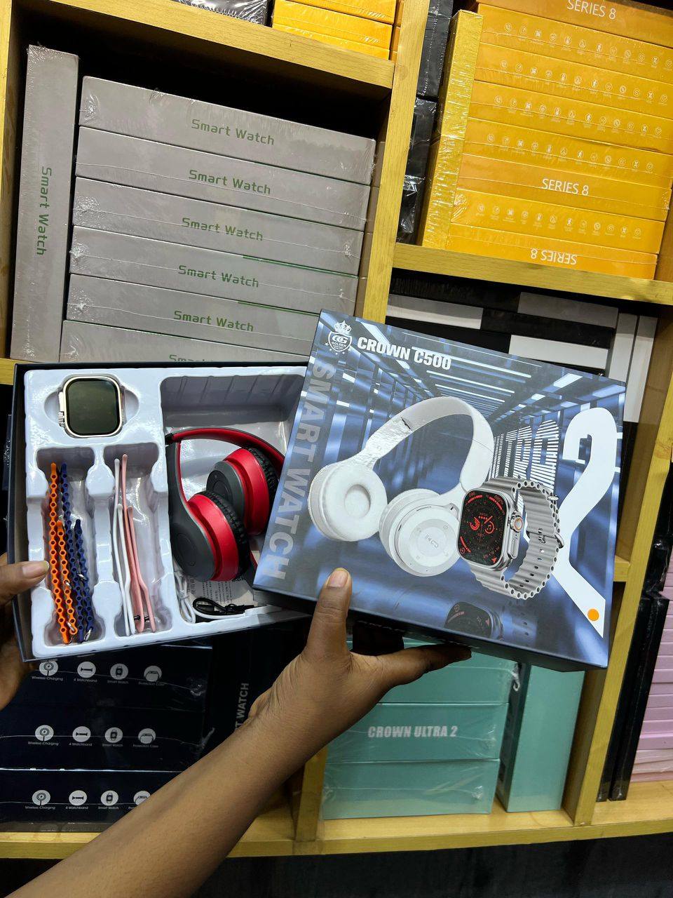 Crown C500 Smart Watch + Wireless Headphones | Bluetooth Calling & Fitness Bundle