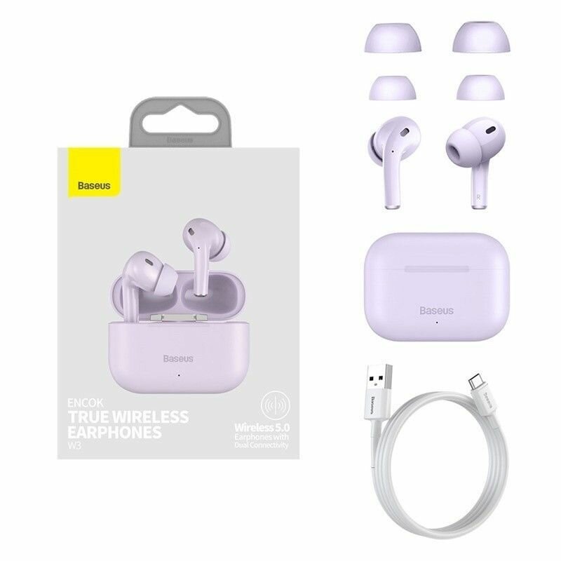 Baseus Encok W3 True Wireless Earphones – White | Deep Bass, Noise Reduction, Long Battery